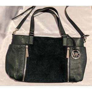 Michael Kors Dark Green Pebbled Leather and Suede Satchel Tote Zipper Detail EUC